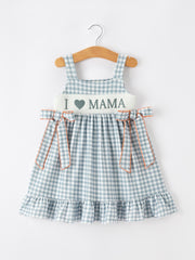 Summer Plaid Smocked “I ❤ MAMA” Girls Dress Bow Ruffle