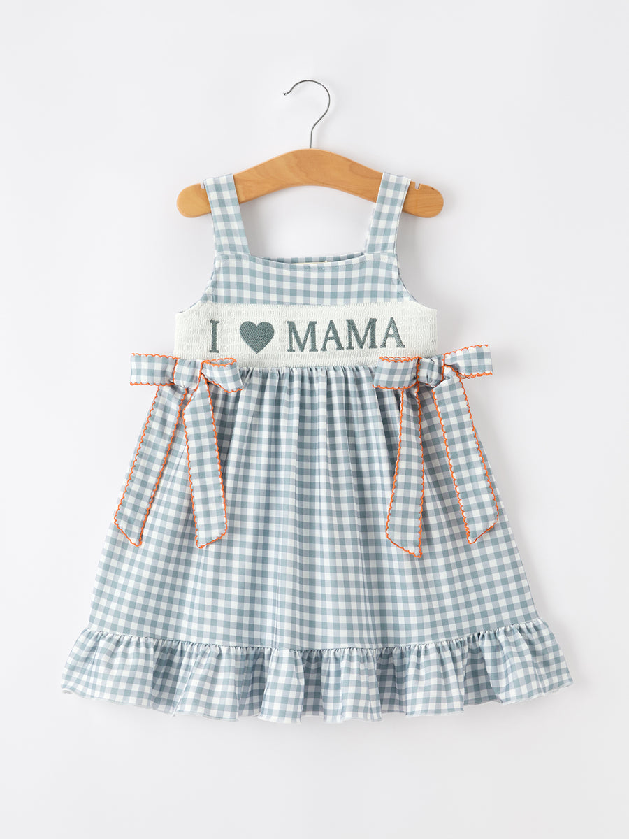 Summer Plaid Smocked “I ❤ MAMA” Girls Dress Bow Ruffle