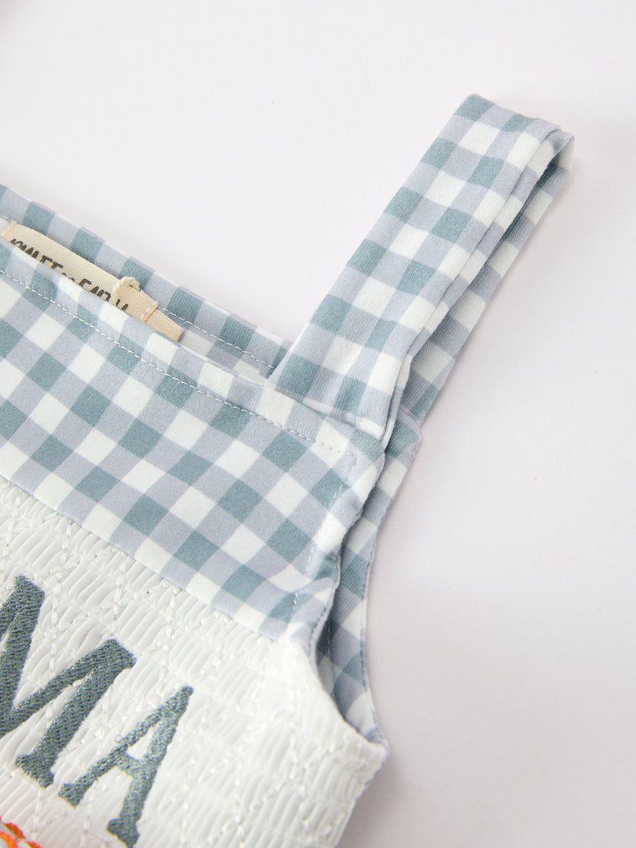 Summer Plaid Smocked “I ❤ MAMA” Girls Dress Bow Ruffle