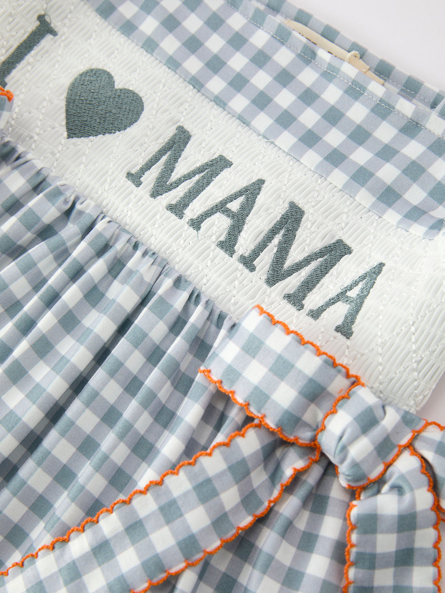 Summer Plaid Smocked “I ❤ MAMA” Girls Dress Bow Ruffle