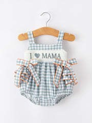 Summer Plaid Smocked “I ❤ MAMA” Girls Romper Bow Ruffle