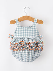 Summer Plaid Smocked “I ❤ MAMA” Girls Romper Bow Ruffle