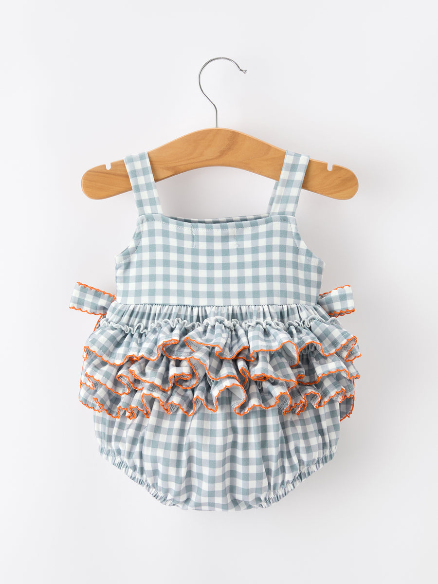 Summer Plaid Smocked “I ❤ MAMA” Girls Romper Bow Ruffle