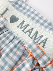 Summer Plaid Smocked “I ❤ MAMA” Girls Romper Bow Ruffle