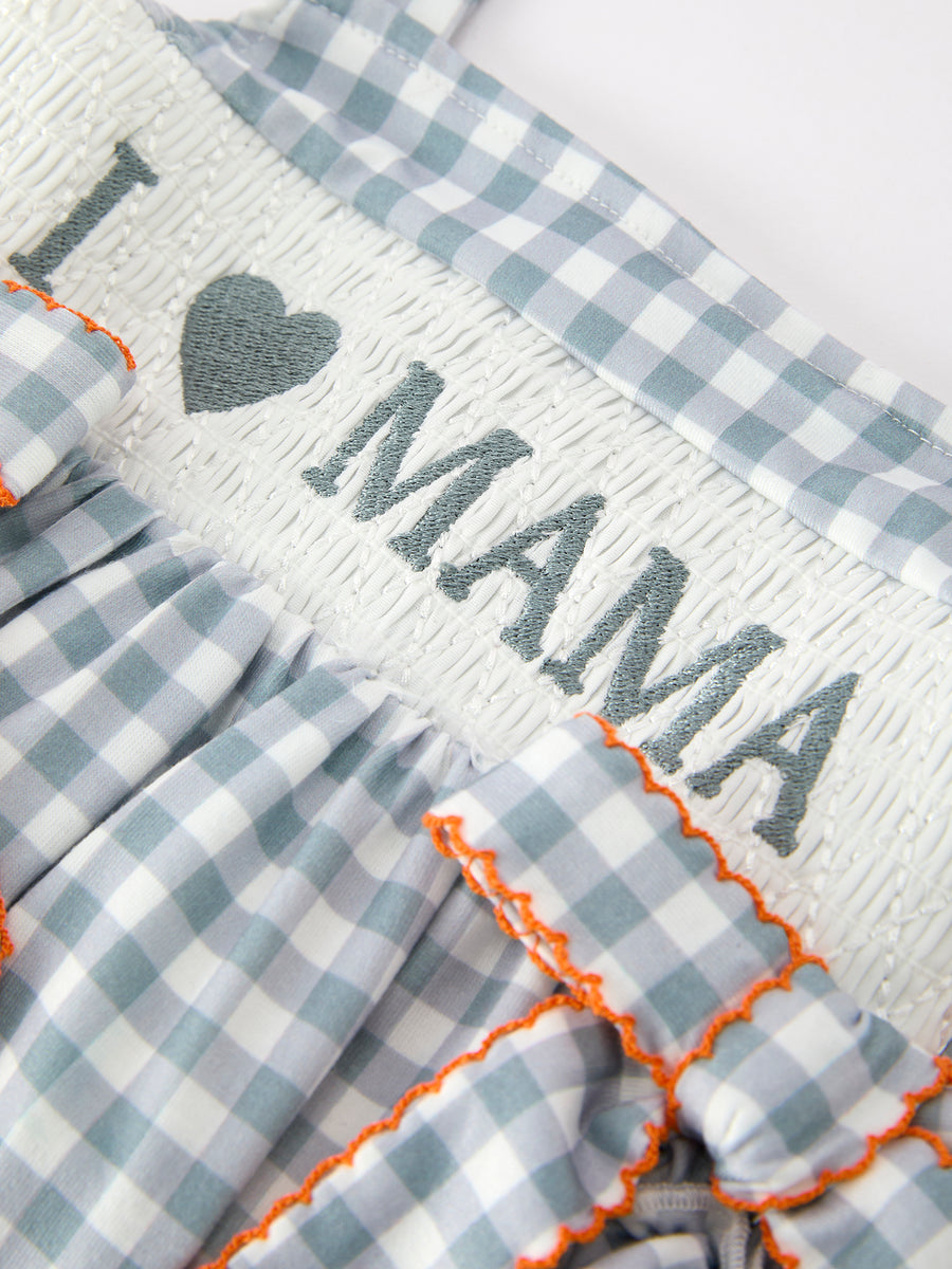 Summer Plaid Smocked “I ❤ MAMA” Girls Romper Bow Ruffle