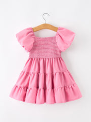 Mommy and Me Summer Pink Girls Dress Smocked Puff Sleeve Ruffle