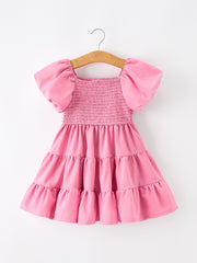 Mommy and Me Summer Pink Girls Dress Smocked Puff Sleeve Ruffle