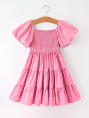 Mommy and Me Adult Pink Smocked Puff Sleeve Ruffle Dress