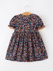 Fall Orange Bow Smocked Floral Girl Dress
