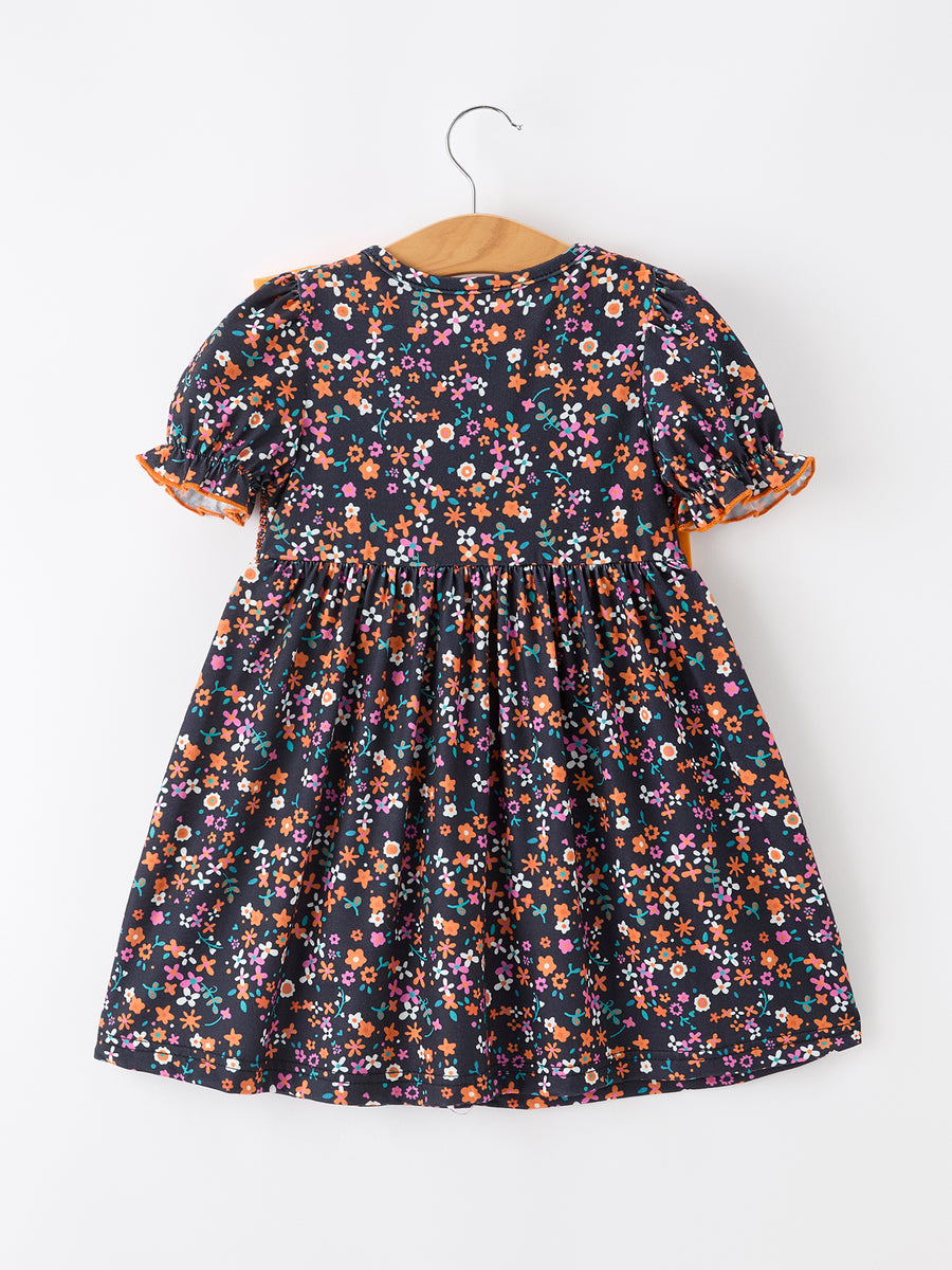 Fall Orange Bow Smocked Floral Girl Dress