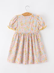 Yellow Bow Smocked Floral Girl Dress