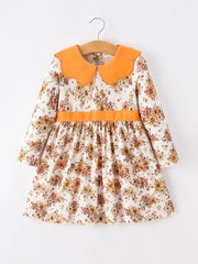Fall Orange Floral Girl Dress Petals Collar