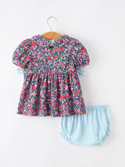 Blue Bow Floral Smocked Girl Bloomer Set