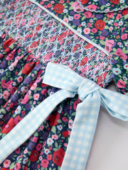 Blue Bow Floral Smocked Girl Bloomer Set