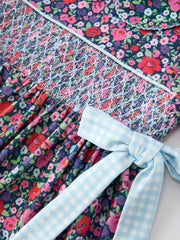 Blue Bow Smocked Floral Girl Dress