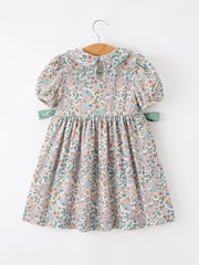Sage Green Bow Floral Smocked Girl Dress