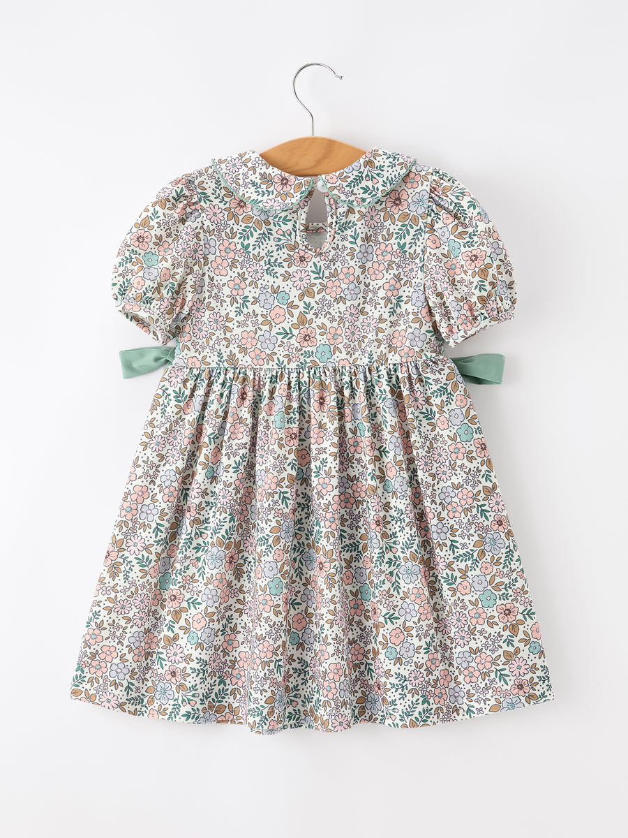 Sage Green Bow Floral Smocked Girl Dress
