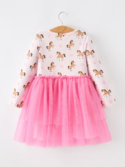 Western Horse Print Girls Dress Tulle Ruffle Long Sleeve