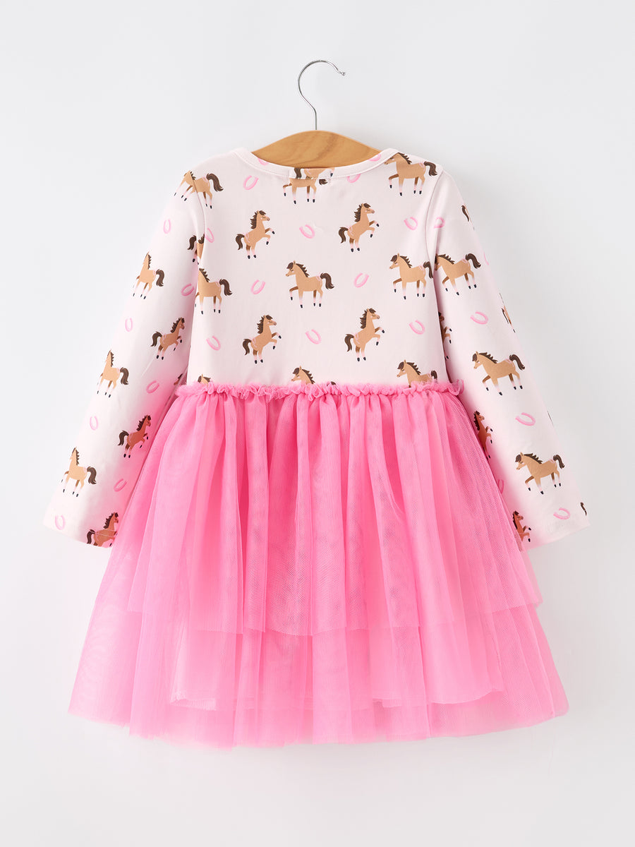 Western Horse Print Girls Dress Tulle Ruffle Long Sleeve