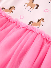 Western Horse Print Girls Dress Tulle Ruffle Long Sleeve