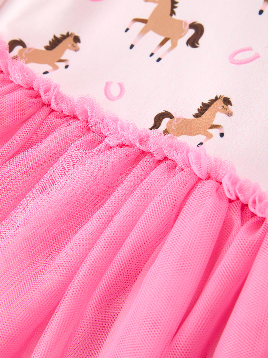 Western Horse Print Girls Dress Tulle Ruffle Long Sleeve