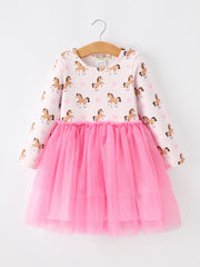 Western Horse Print Girls Dress Tulle Ruffle Long Sleeve