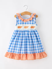 Summer Whale Embroidery Girls Dress Plaid Ruffle Collar