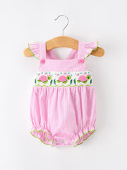 Turtle Girls Romper Pink Stripe Ruffle Strap Smocked