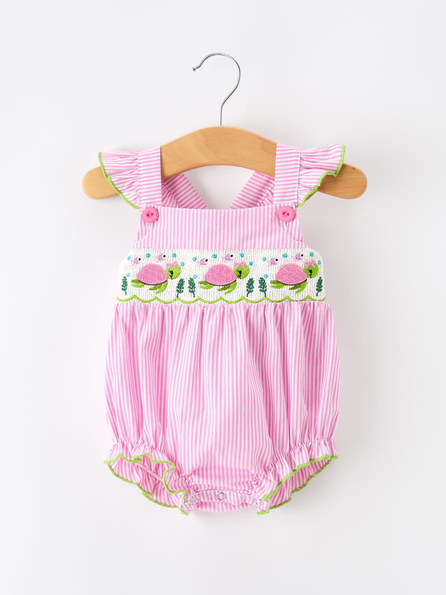 Turtle Girls Romper Pink Stripe Ruffle Strap Smocked