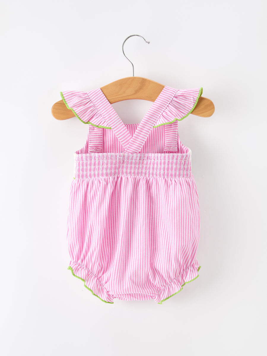 Turtle Girls Romper Pink Stripe Ruffle Strap Smocked