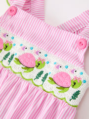 Turtle Girls Romper Pink Stripe Ruffle Strap Smocked