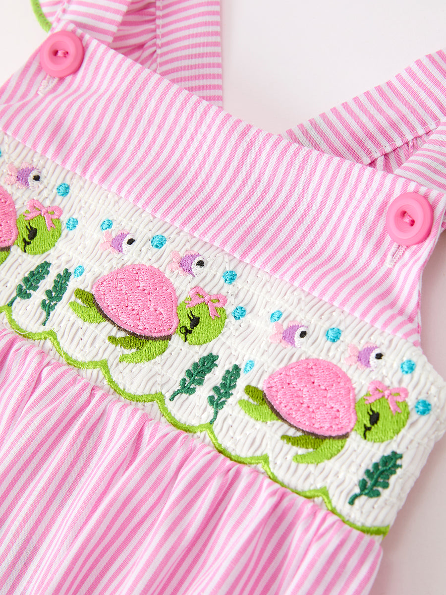 Turtle Girls Romper Pink Stripe Ruffle Strap Smocked