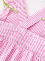 Turtle Girls Romper Pink Stripe Ruffle Strap Smocked