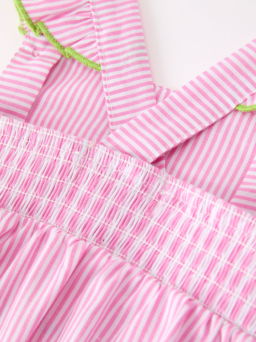 Turtle Girls Romper Pink Stripe Ruffle Strap Smocked