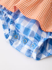 Summer Whale Embroidery Girls Romper Plaid Ruffle Collar