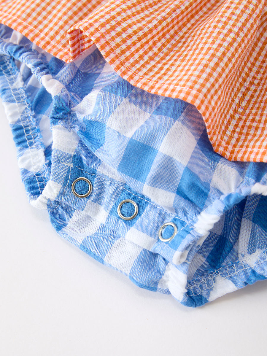 Summer Whale Embroidery Girls Romper Plaid Ruffle Collar