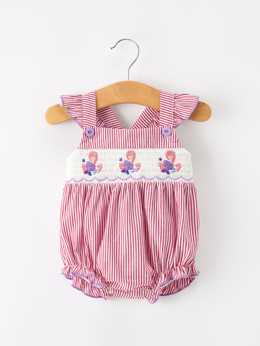 Summer Sea Embroidery Girls Romper Stripe