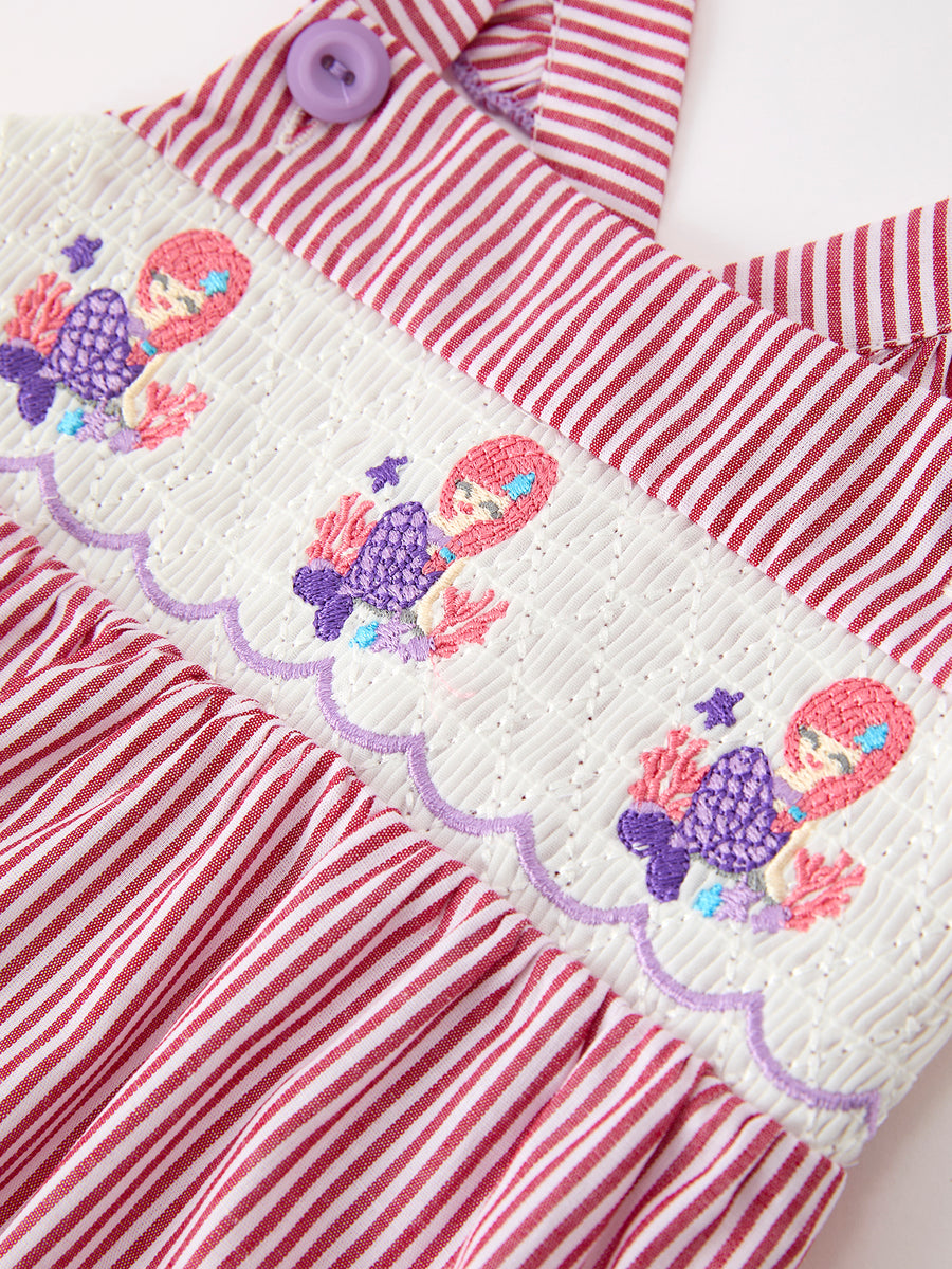 Summer Sea Embroidery Girls Romper Stripe