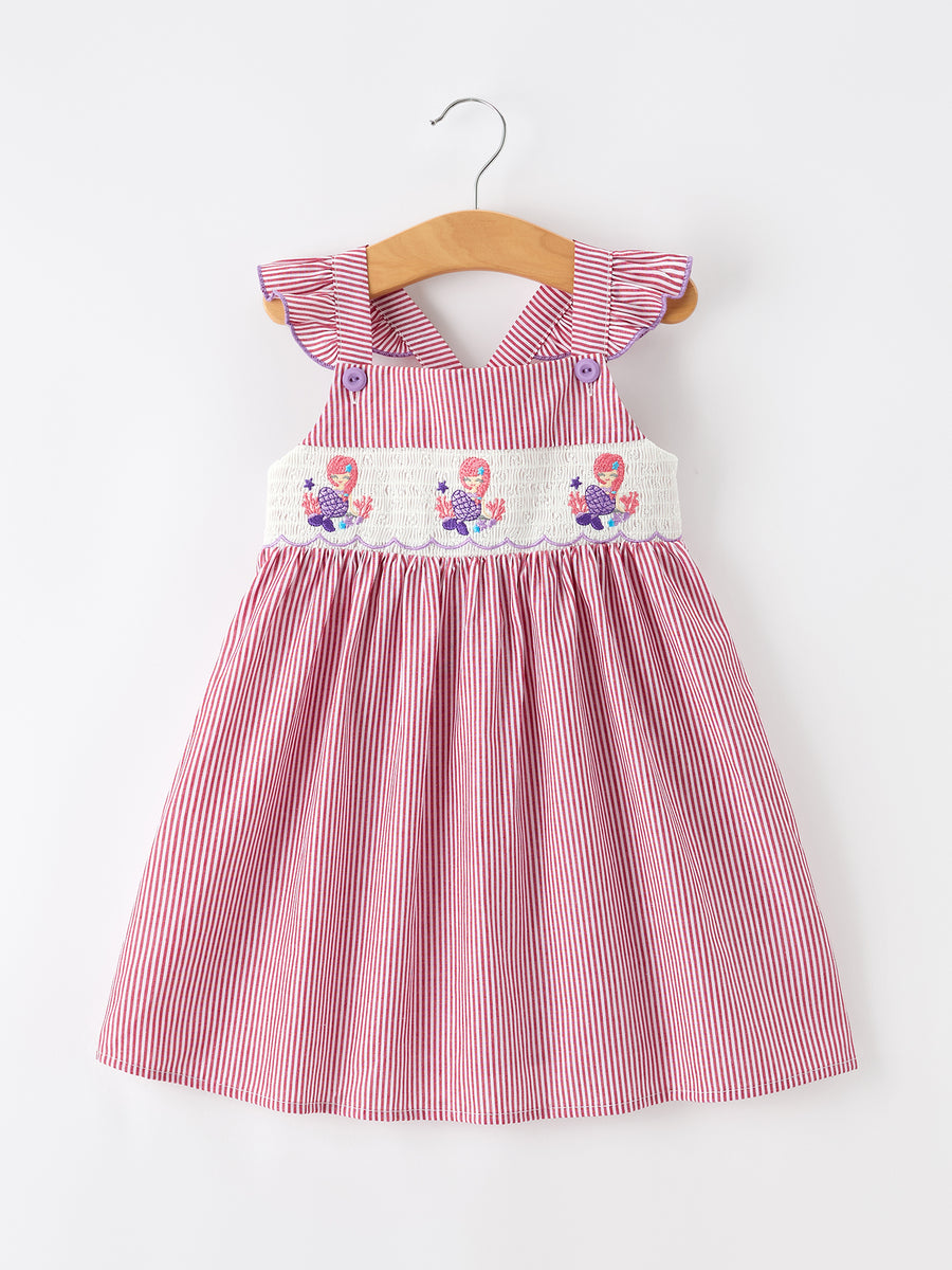 Summer Sea Embroidery Girls Dress Stripe