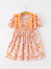 Peach Bow Smocked Floral Girl Dress