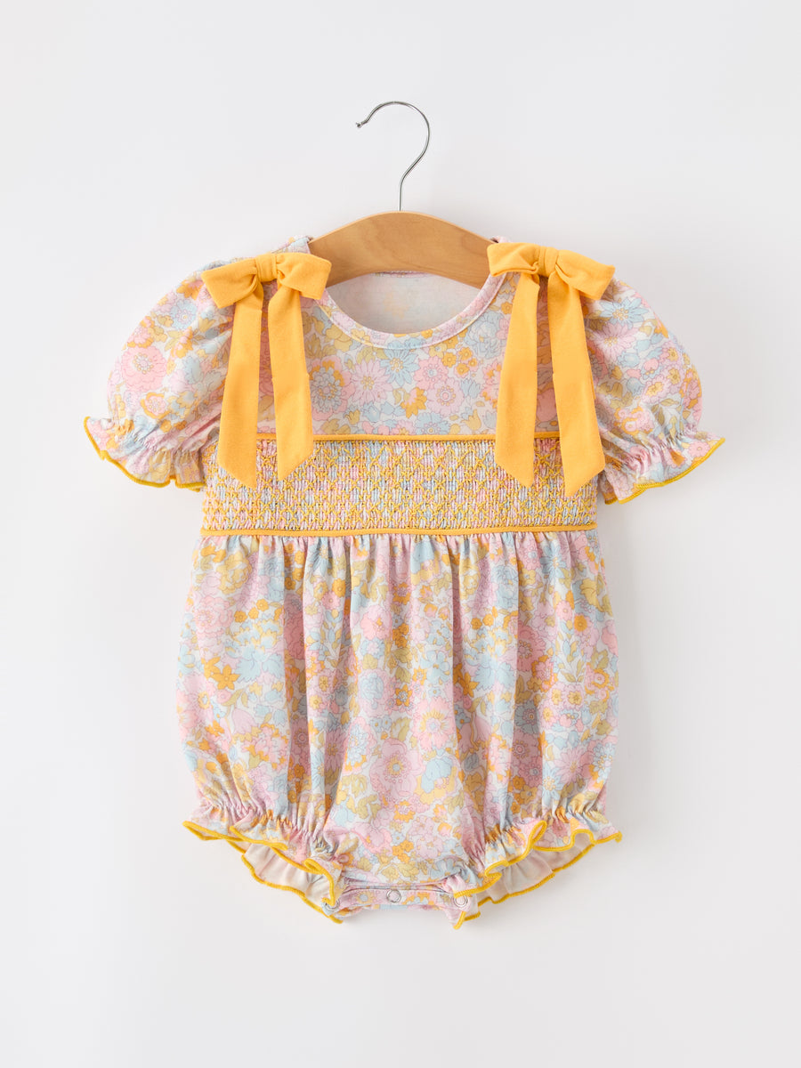 Yellow Bow Smocked Floral Baby Bubble