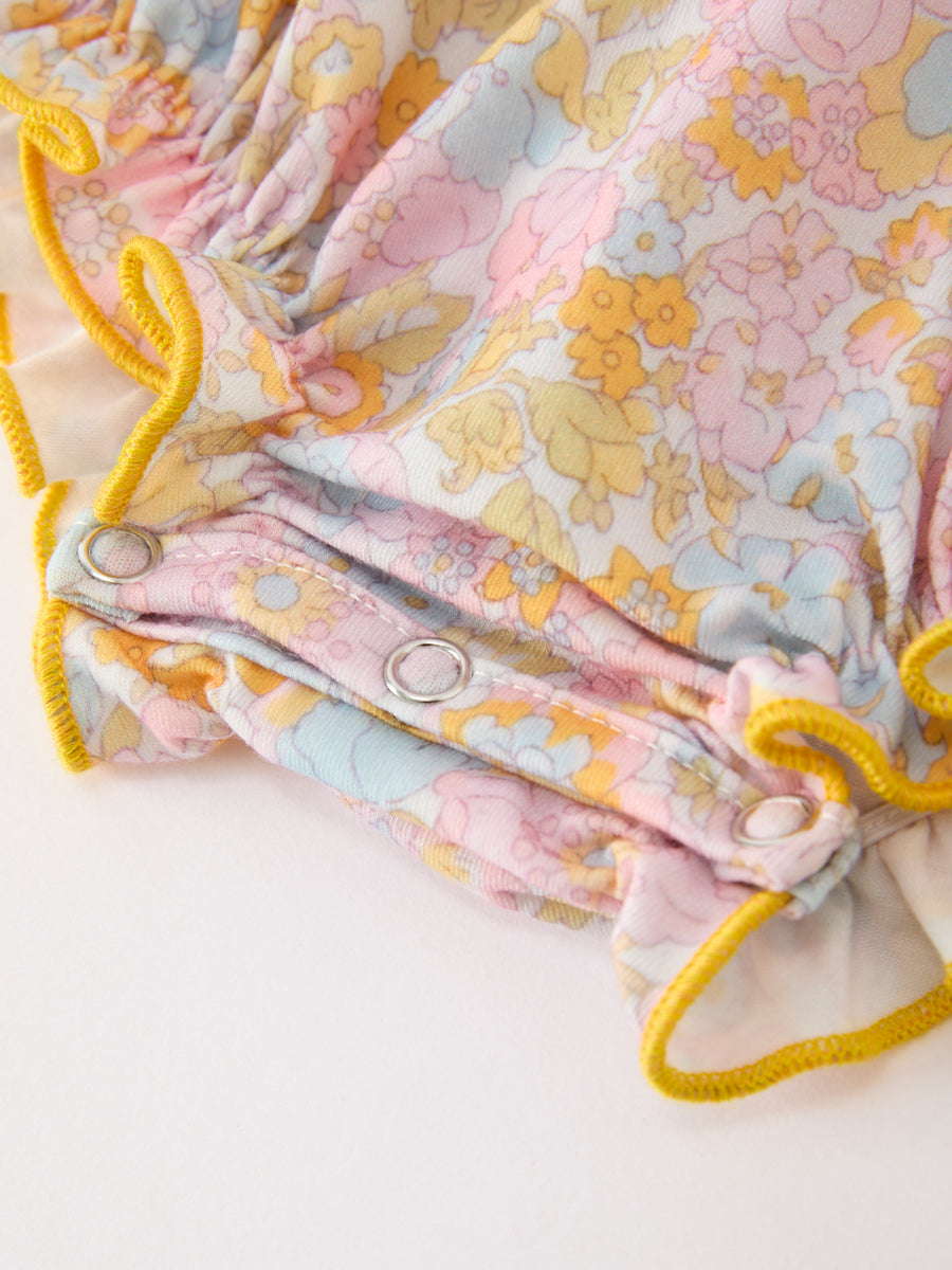 Yellow Bow Smocked Floral Baby Bubble