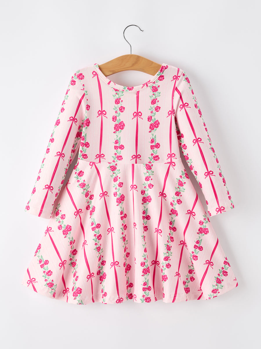 Girls Bow Rose Dress Long Sleeve Twirl Dress