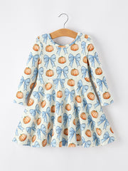 Halloween Thanksgiving Pumpkin Bow Girls Dress Long Sleeve