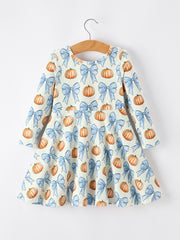 Halloween Thanksgiving Pumpkin Bow Girls Dress Long Sleeve