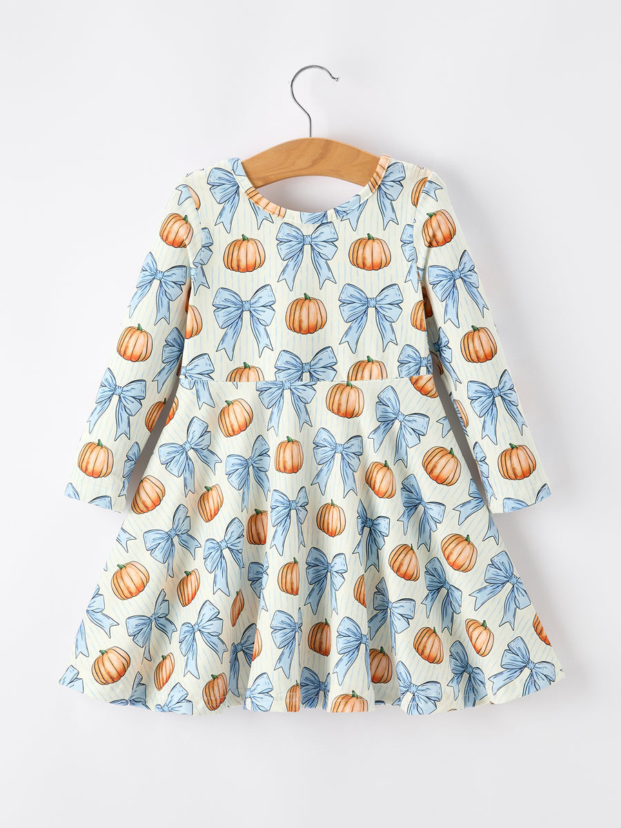 Halloween Thanksgiving Pumpkin Bow Girls Dress Long Sleeve
