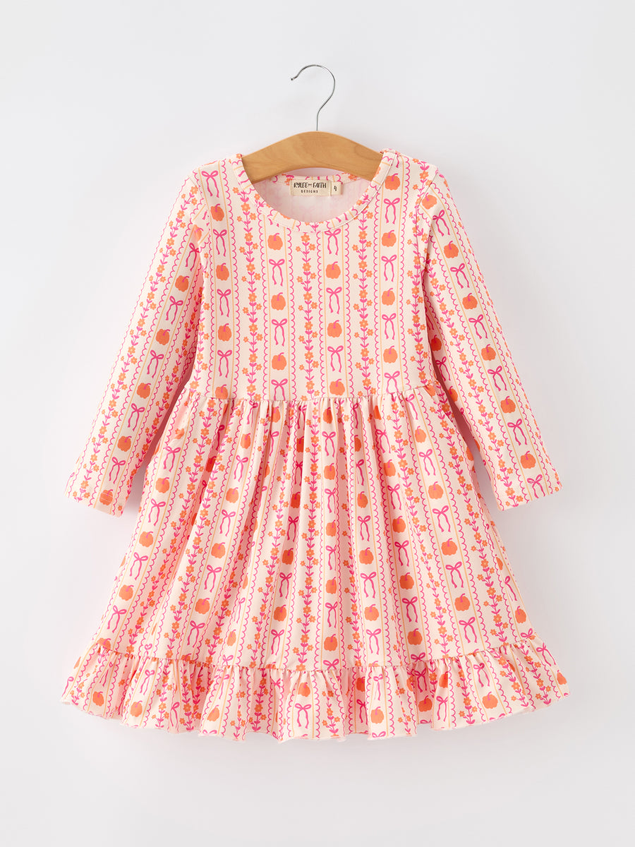 Halloween Thanksgiving Pumpkin Bow Pocket Girls Dress