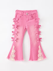 Pink Bow Lace Girls Bell Bottom Jeans