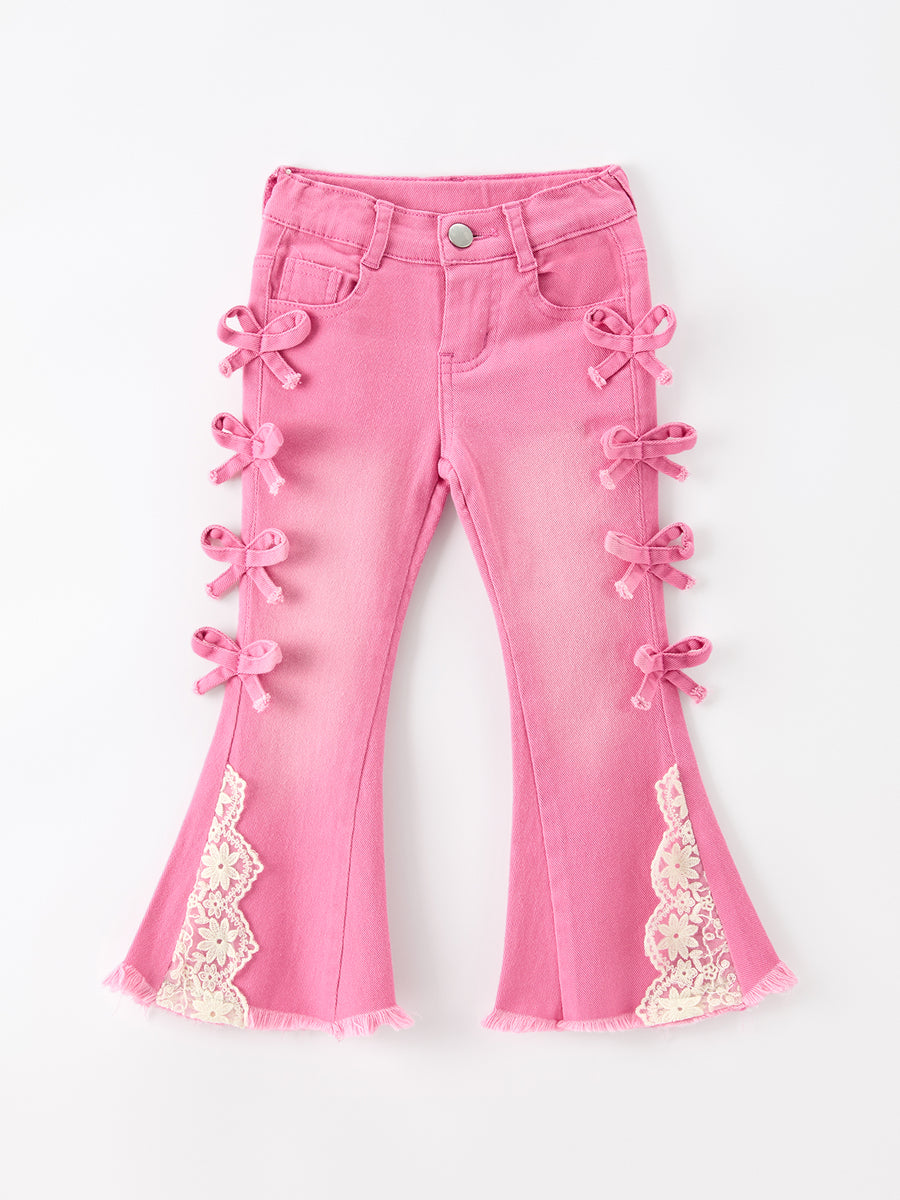 Pink Bow Lace Girls Bell Bottom Jeans