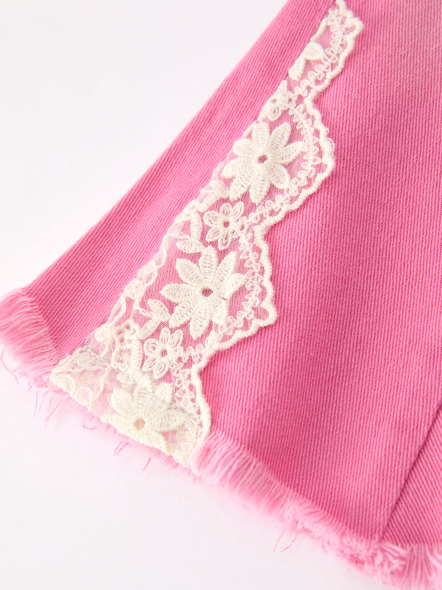 Pink Bow Lace Girls Bell Bottom Jeans